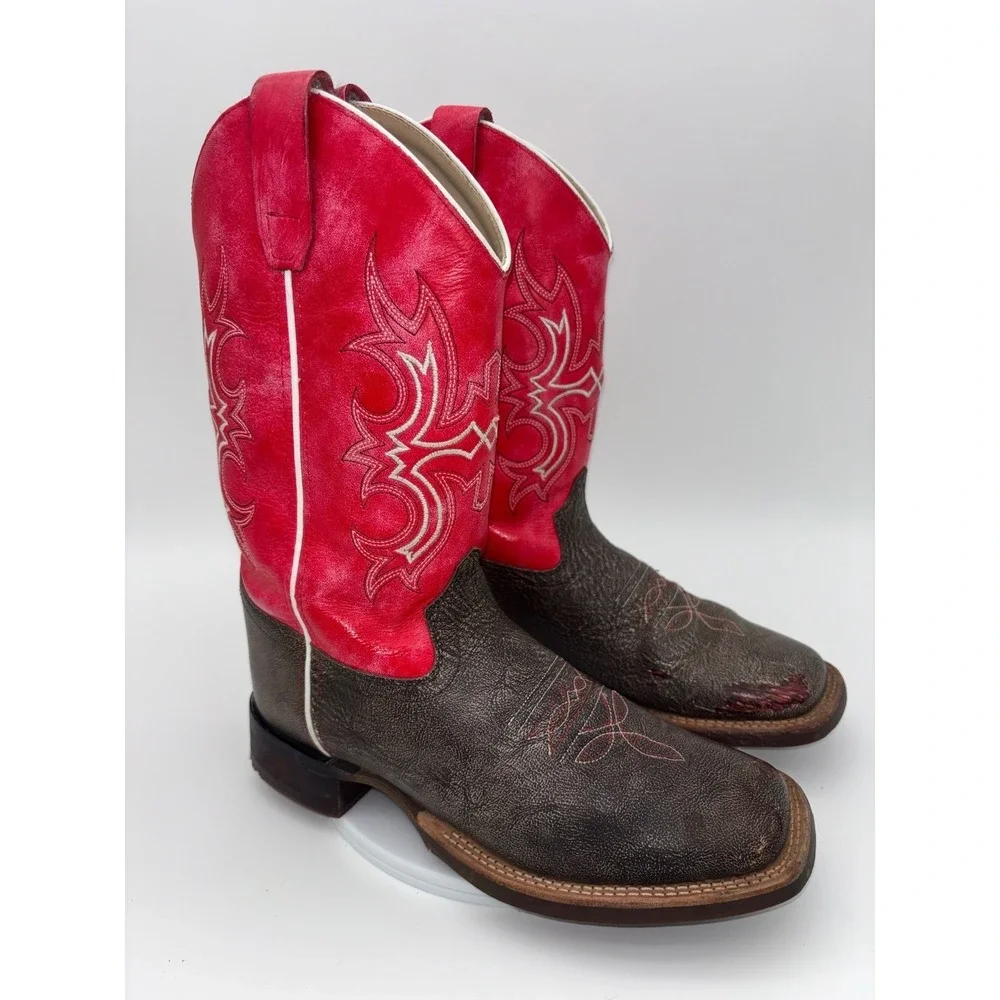 OLD WEST Red Cowboy Boot Western Square Toe Leather Brown‎ Boy Kids Girl Youth 6